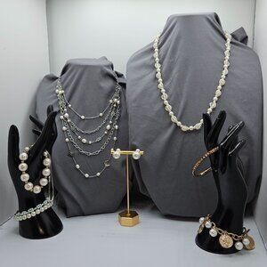 Gold-Tone Coin Charm & Faux Pearl Jewelry Set With Bracelets Necklaces & Earring